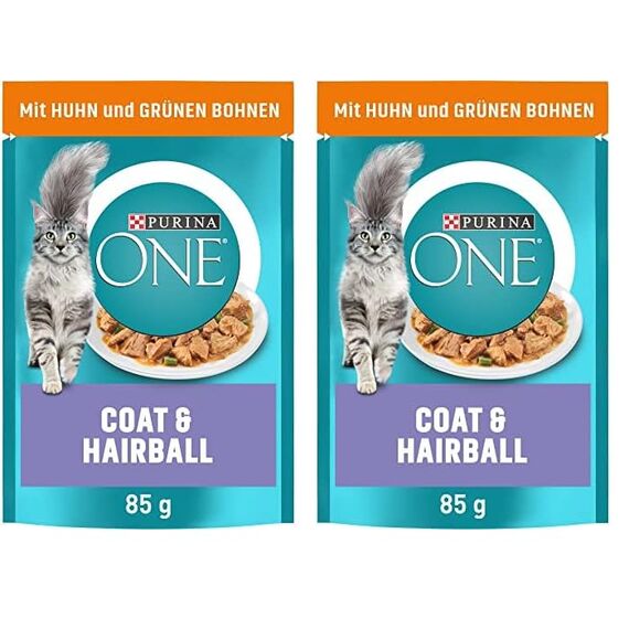 PURINA ONE Coat & Hairball Katzenfutter nass in Sauce, mit Huhn, 52er Pack (26 x 85g)