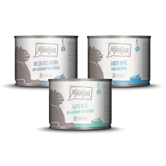 MjAMjAM - Premium Nassfutter für Katzen - Mixpaket II - Huhn & Kürbis, Pute, Ente & Geflügel, 6er Pack (6 x 200 g), getreidefrei mit extra viel Fleisch