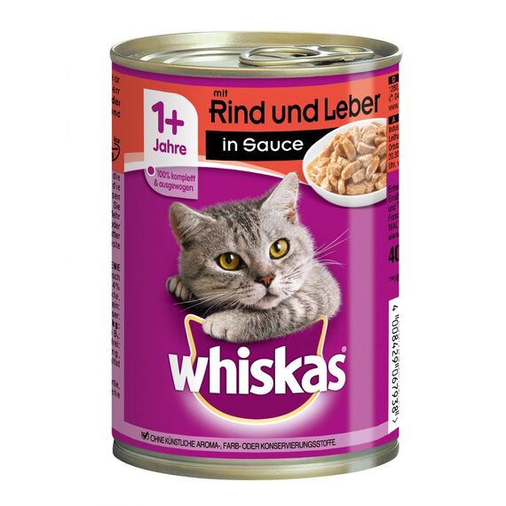 Whiskas Katzenfutter Nassfutter Adult 1+ mit Rind und Leber in Sauce, 12 Dosen (12 x 400g)