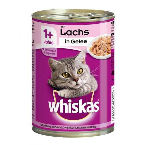 Whiskas Katzenfutter Nassfutter Adult 1+ mit Lachs in Gelee, 12 Dosen (12 x 400g)