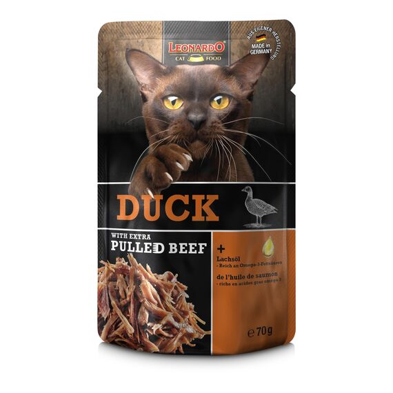 LEONARDO Frischebeutel [16x70g Duck mit Fleischstreifen] Pulled Beef | Getreidefreies Nassfutter für Katzen | Alleinfuttermittel Katzenfutter