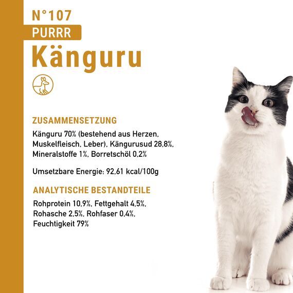 catz finefood Purrrr Känguru Monoprotein Katzenfutter nass N° 107, für ernährungssensible Katzen, 70% Fleischanteil, 16 x 85 g Beutel (Packung mit 2)