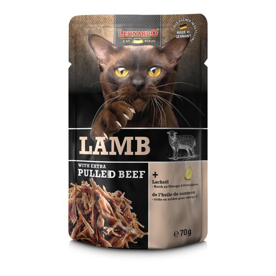 LEONARDO Frischebeutel [16x70g Lamb mit Fleischstreifen] Pulled Beef | Getreidefreies Nassfutter für Katzen | Alleinfuttermittel Katzenfutter