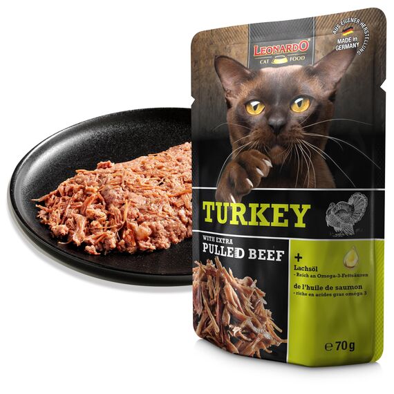 LEONARDO Frischebeutel [16x70g Turkey mit Fleischstreifen] Pulled Beef | Getreidefreies Nassfutter für Katzen | Alleinfuttermittel Katzenfutter