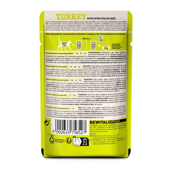 LEONARDO Frischebeutel [16x70g Turkey mit Fleischstreifen] Pulled Beef | Getreidefreies Nassfutter für Katzen | Alleinfuttermittel Katzenfutter