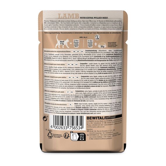 LEONARDO Frischebeutel [16x70g Lamb mit Fleischstreifen] Pulled Beef | Getreidefreies Nassfutter für Katzen | Alleinfuttermittel Katzenfutter