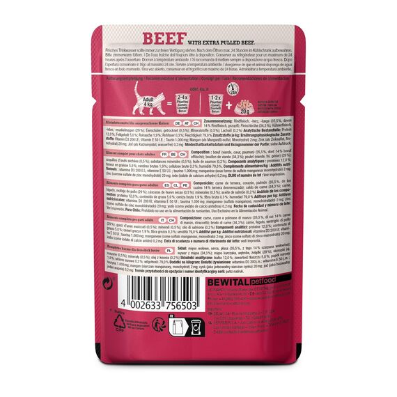 LEONARDO Frischebeutel [16x70g Beef mit Fleischstreifen] Pulled Beef | Getreidefreies Nassfutter für Katzen | Alleinfuttermittel Katzenfutter