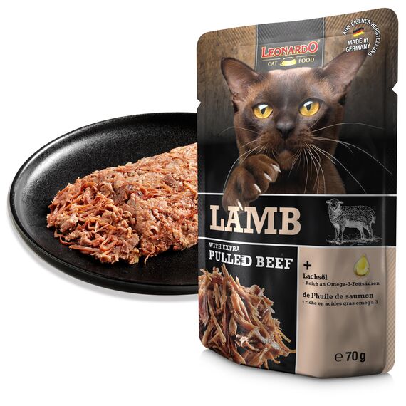LEONARDO Frischebeutel [16x70g Lamb mit Fleischstreifen] Pulled Beef | Getreidefreies Nassfutter für Katzen | Alleinfuttermittel Katzenfutter