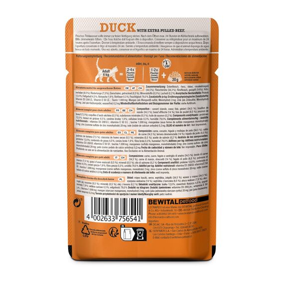 LEONARDO Frischebeutel [16x70g Duck mit Fleischstreifen] Pulled Beef | Getreidefreies Nassfutter für Katzen | Alleinfuttermittel Katzenfutter