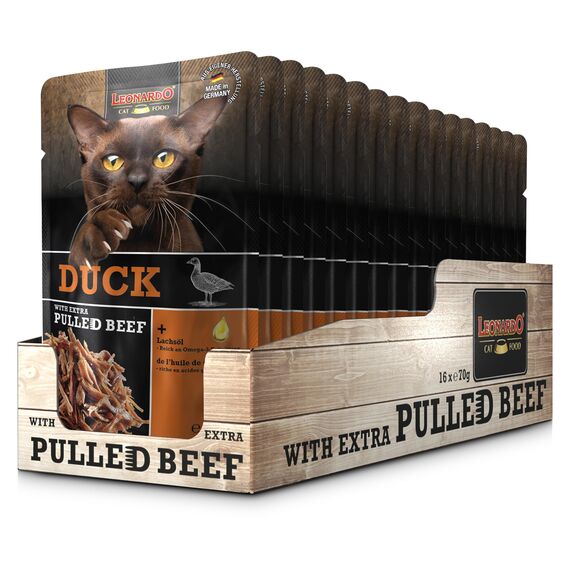 LEONARDO Frischebeutel [16x70g Duck mit Fleischstreifen] Pulled Beef | Getreidefreies Nassfutter für Katzen | Alleinfuttermittel Katzenfutter