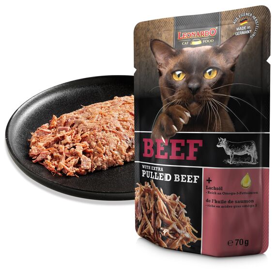 LEONARDO Frischebeutel [16x70g Beef mit Fleischstreifen] Pulled Beef | Getreidefreies Nassfutter für Katzen | Alleinfuttermittel Katzenfutter