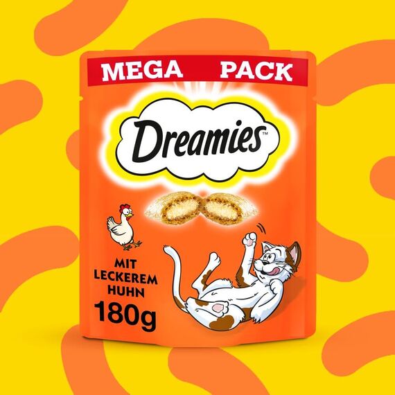 Dreamies Klassiker Katzensnacks mit Huhn – Katzenleckerli mit knuspriger Textur und cremiger Füllung – 4 x 180g