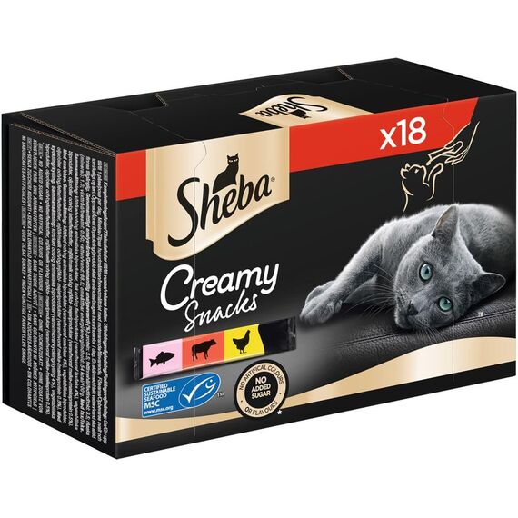 SHEBA Katzensnacks - 18x12g - 18 praktische Katzenleckerlis - in den Varietäten Huhn, Lachs und Rind - 1 Packung