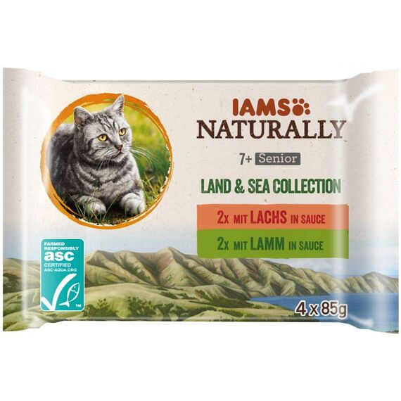IAMS Naturally Senior Katzenfutter Nass in Sauce - hochwertiges Nassfutter mit Fleisch und Fisch für ältere Katzen, Land & Sea Collection, 4 x 85 g