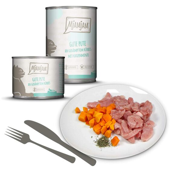 MjAMjAM - Premium Nassfutter für Katzen - Monopaket I - mit Huhn und Pute, 6er Pack (6 x 400 g), getreidefrei mit extra viel Fleisch