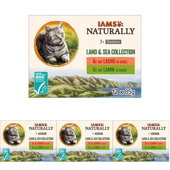 IAMS Naturally Senior Katzenfutter Nass in Sauce - hochwertiges Nassfutter mit Fleisch und Fisch für ältere Katzen, Land & Sea Collection, 12 x 85 g (Packung mit 4)