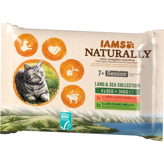 IAMS Naturally Senior Katzenfutter Nass in Sauce - hochwertiges Nassfutter mit Fleisch und Fisch für ältere Katzen, Land & Sea Collection, 4 x 85 g