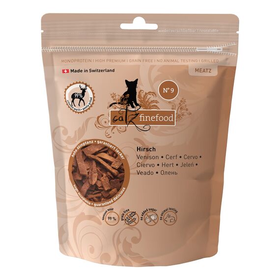 catz finefood Meatz Katzen Leckerlies Hirsch N° 9 - knusprige Streifen aus Hirschfleisch - gegrillt und getrocknet - Katzensnack ohne Zucker, getreidefrei, 45g