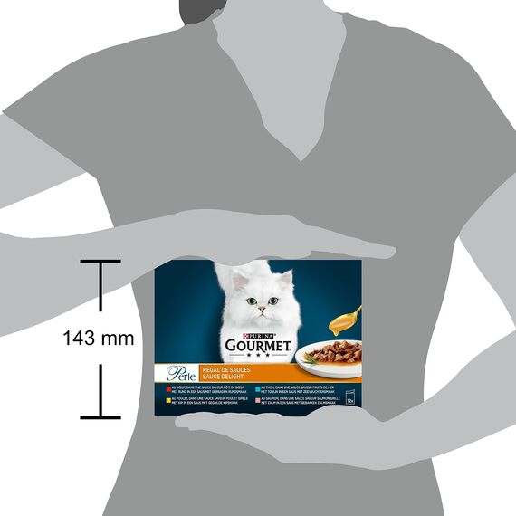 GOURMET Perle | Saucen Regal | Erwachsene Katze | Rind, Huhn, Thunfisch, Lachs | 12 x 85 g | Frischebeutel (Verpackung kann variieren) (Packung mit 2)