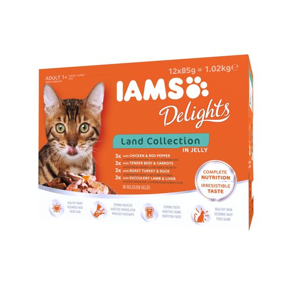 IAMS Delights Land Collection in Gelee – Hochwertiges Katzenfutter nass für Katzen ab 1 Jahr in verschiedenen Geschmackssorten – 12 x 85g Frischebeutel
