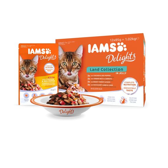 IAMS Delights Land Collection in Gelee – Hochwertiges Katzenfutter nass für Katzen ab 1 Jahr in verschiedenen Geschmackssorten – 12 x 85g Frischebeutel