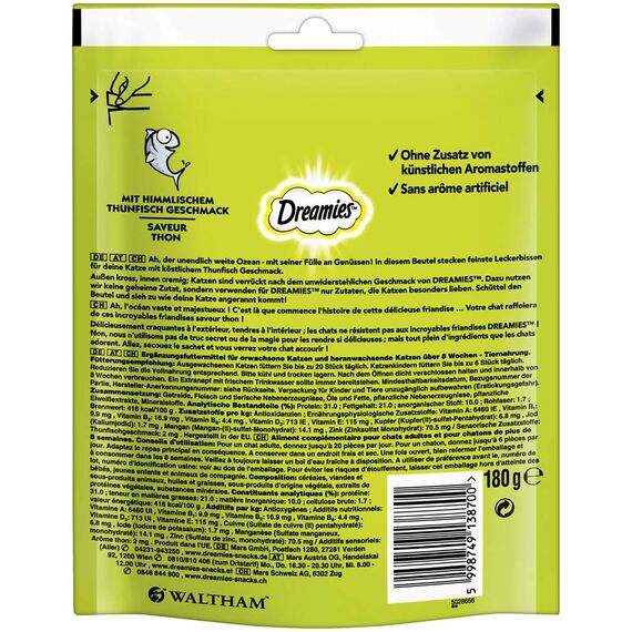 DREAMIES Katzensnacks - 4x180g - mit Thunfisch - Traumhaft knusprige Katzen Leckerlies mit zarter Füllung