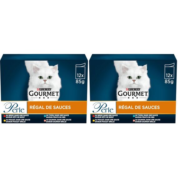 GOURMET Perle | Saucen Regal | Erwachsene Katze | Rind, Huhn, Thunfisch, Lachs | 12 x 85 g | Frischebeutel (Verpackung kann variieren) (Packung mit 2)