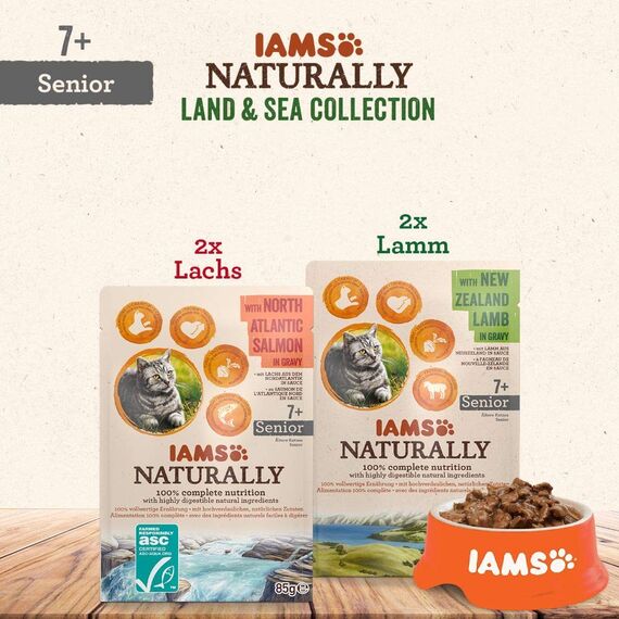 IAMS Naturally Senior Katzenfutter Nass in Sauce - hochwertiges Nassfutter mit Fleisch und Fisch für ältere Katzen, Land & Sea Collection, 4 x 85 g