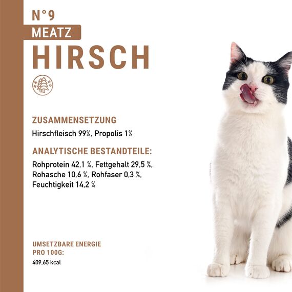 catz finefood Meatz Katzen Leckerlies Hirsch N° 9 - knusprige Streifen aus Hirschfleisch - gegrillt und getrocknet - Katzensnack ohne Zucker, getreidefrei, 45g