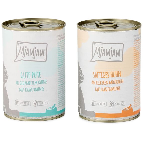 MjAMjAM - Premium Nassfutter für Katzen - Monopaket I - mit Huhn und Pute, 6er Pack (6 x 400 g), getreidefrei mit extra viel Fleisch