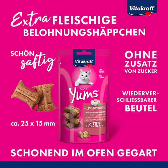 Vitakraft Cat Yums, Katzen Leckerli, weicher Katzensnack gefüllt mit Leberwurst, im wiederverschließbaren Beutel, ohne Zusatz von Zucker (1x 40g)