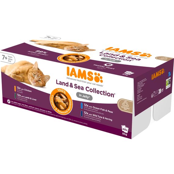 IAMS Delights Land & Sea Collection Senior Katzenfutter Nass - Multipack mit Fleisch und Fisch Sorten in Gelee, Nassfutter für ältere Katzen ab 7 Jahre, 48 x 85 g