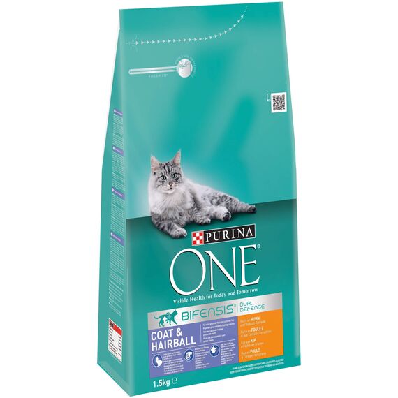 PURINA ONE BIFENSIS Coat and Hairball Katzentrockenfutter: reich an Huhn, für gesunde Haut & Harnwege, schönes Fell, reduziert Haarballenbildung, 3 x 1,5 kg