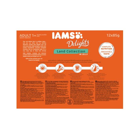 IAMS Delights Land Collection in Gelee – Hochwertiges Katzenfutter nass für Katzen ab 1 Jahr in verschiedenen Geschmackssorten – 12 x 85g Frischebeutel