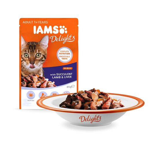 IAMS Delights Land Collection in Gelee – Hochwertiges Katzenfutter nass für Katzen ab 1 Jahr in verschiedenen Geschmackssorten – 12 x 85g Frischebeutel