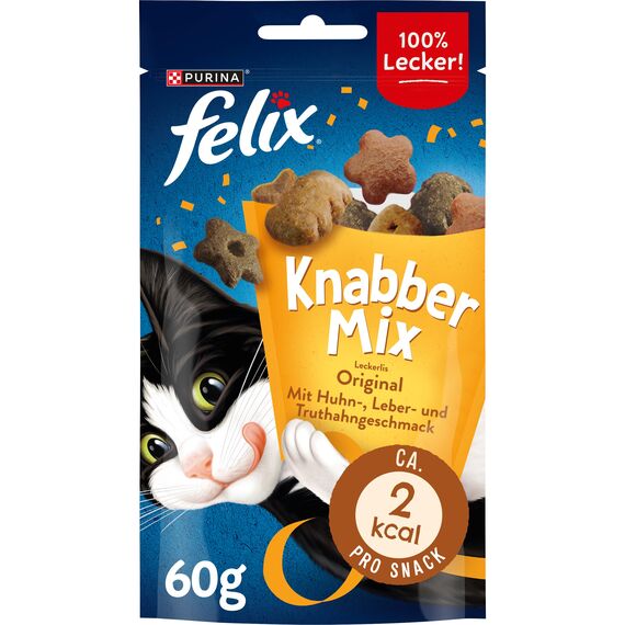 Felix KnabberMix Original Katzensnack, Knusper-Leckerlie mit 3 Geschmacksrichtungen, 8er Pack (8 x 60g)