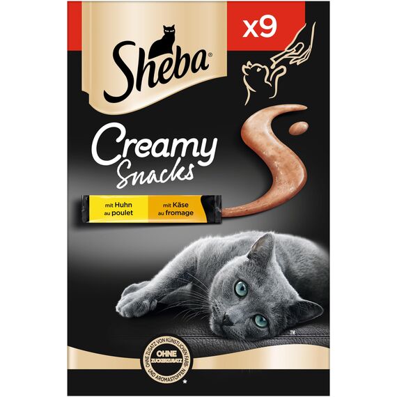 SHEBA Beutel Creamy Snacks für Katzen mit Huhn und Käse cremiger Snack 7 x 9 x 12g