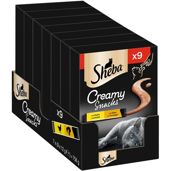 SHEBA Beutel Creamy Snacks für Katzen mit Huhn und Käse cremiger Snack 7 x 9 x 12g