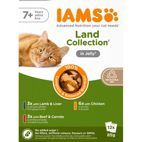 IAMS Delights Land Collection Senior Katzenfutter Nass - Multipack mit Fleisch Sorten (Huhn, Lamm & Rind) in Gelee, Nassfutter für ältere Katzen ab 7 Jahre, 12 x 85g