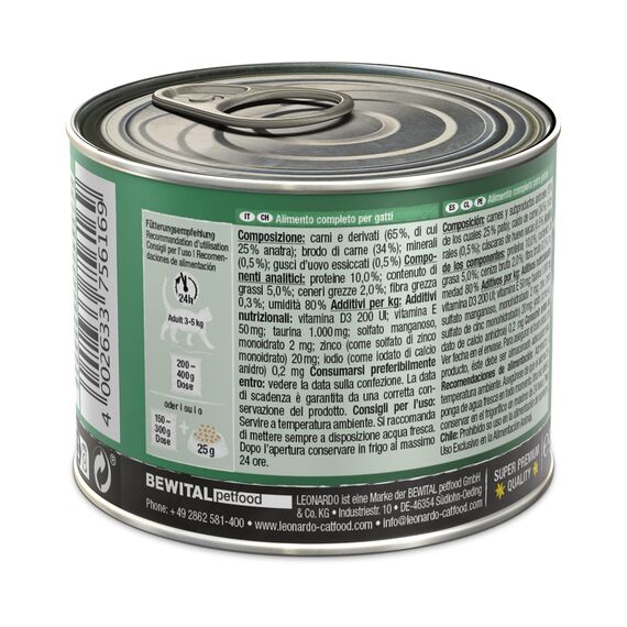 LEONARDO Nassfutter [6x200g Ente] | Getreidefreies Nassfutter für Katzen | Feuchtfutter Alleinfutter aus der Dose