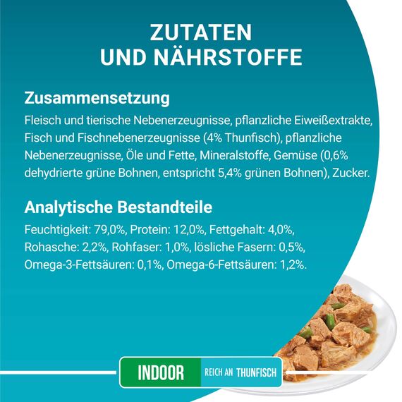 PURINA ONE Indoor Formula Katzenfutter nass, zarte Stückchen in Sauce für Hauskatzen, mit Thunfisch, 156er Pack (26 x 85g)