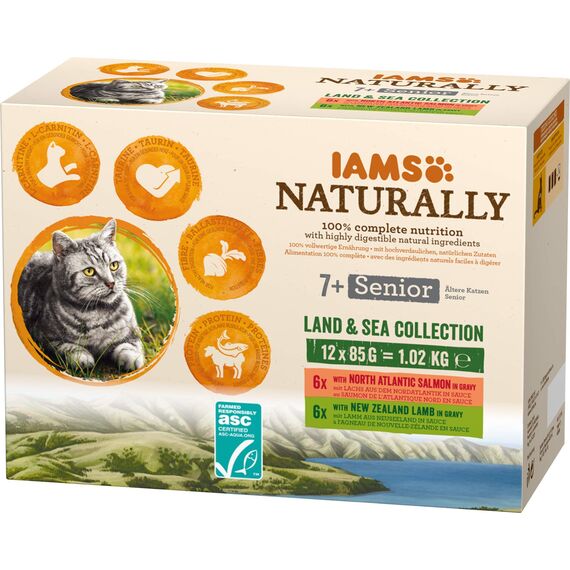 IAMS Naturally Senior Katzenfutter Nass in Sauce - hochwertiges Nassfutter mit Fleisch und Fisch für ältere Katzen, Land & Sea Collection, 12 x 85 g (Packung mit 4)