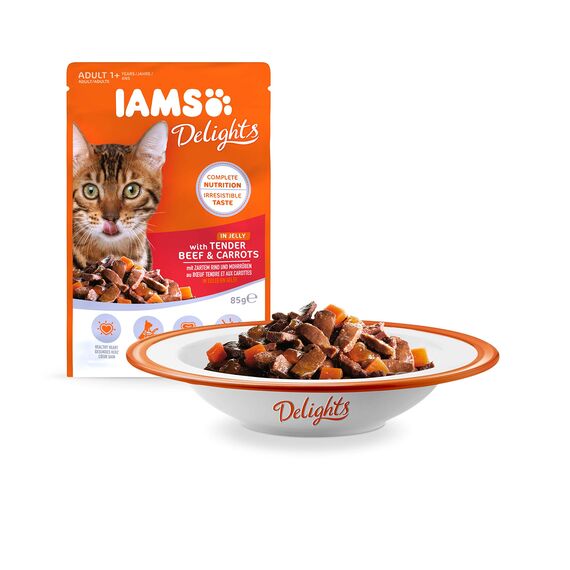 IAMS Delights Land Collection in Gelee – Hochwertiges Katzenfutter nass für Katzen ab 1 Jahr in verschiedenen Geschmackssorten – 12 x 85g Frischebeutel