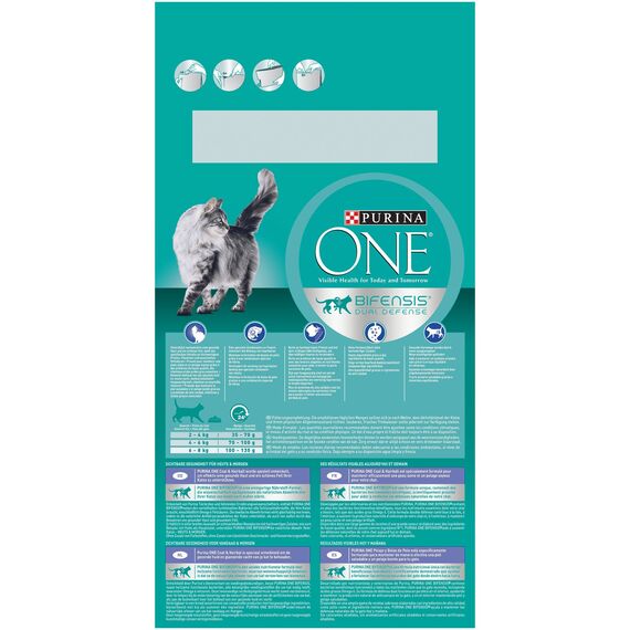 PURINA ONE BIFENSIS Coat and Hairball Katzentrockenfutter: reich an Huhn, für gesunde Haut & Harnwege, schönes Fell, reduziert Haarballenbildung, 3 x 1,5 kg