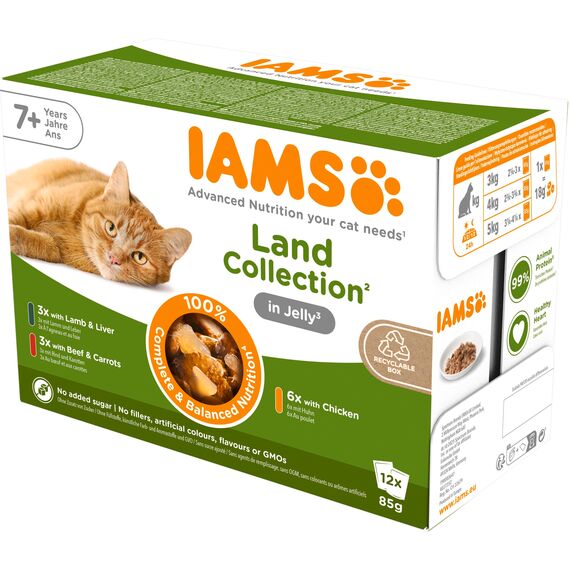 IAMS Delights Land Collection Senior Katzenfutter Nass - Multipack mit Fleisch Sorten (Huhn, Lamm & Rind) in Gelee, Nassfutter für ältere Katzen ab 7 Jahre, 12 x 85g