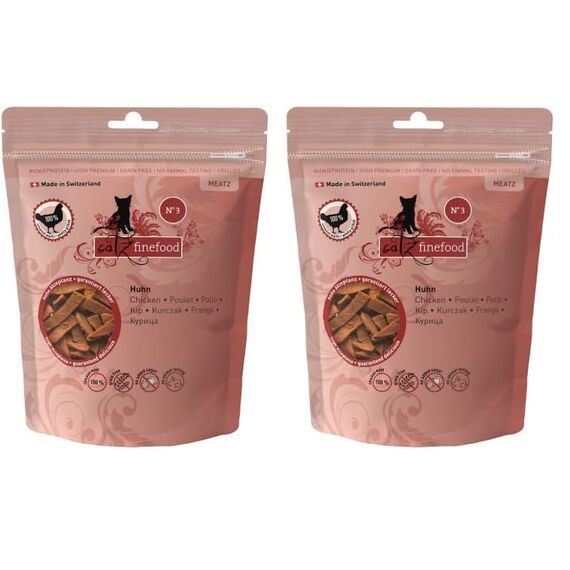 catz finefood Meatz Katzen Leckerlies Huhn N° 3 - knusprige Fleischstreifen, gegrilltes Hühnerfleisch mit Biotin für gänzendes Fell - Katzensnack ohne Zucker, getreidefrei, 45g (Packung mit 2)