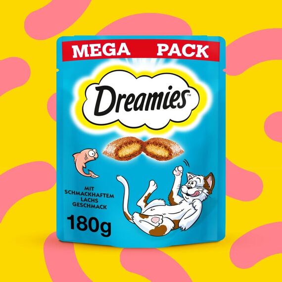 Dreamies Katzensnacks mit Lachsgeschmack, 4er Pack, 4x180g – Außen knusprige & innen cremige Katzenleckerlis