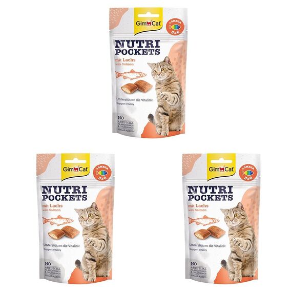 GimCat Nutri Pockets mit Lachs - Knuspriger Katzensnack mit cremiger Füllung und funktionalen Inhaltsstoffen - 1 Beutel (1 x 60 g) (Packung mit 3)