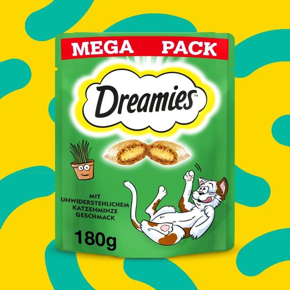 Dreamies Catnip Katzensnacks mit Minze – Traumhaft knusprige Taschen mit zarter Füllung im Mega Pack, 4 x 180g