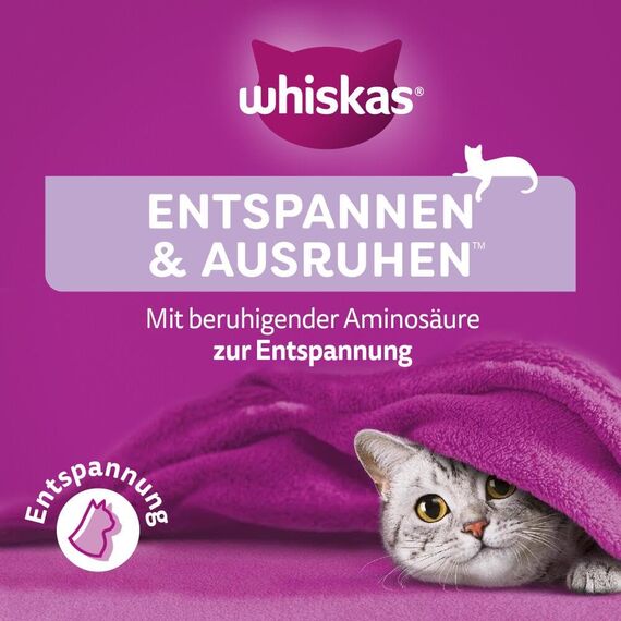 Whiskas Relax & Unwind Katzensnacks im Portionsbeutel für ausgewachsene Katzen mit Huhn 8x45g